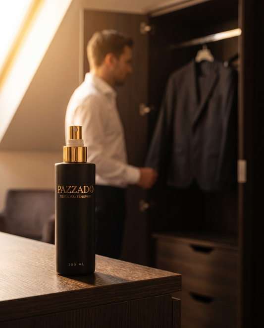 Mann nimmt im Hotelzimmer seinen Anzug aus dem Schrank, auf der Kommode steht die PAZZADO Flasche.