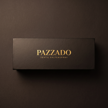 Geschlossene mattschwarze PAZZADO Magnetklappbox von oben, Goldprägung PAZZADO auf dem Deckel.