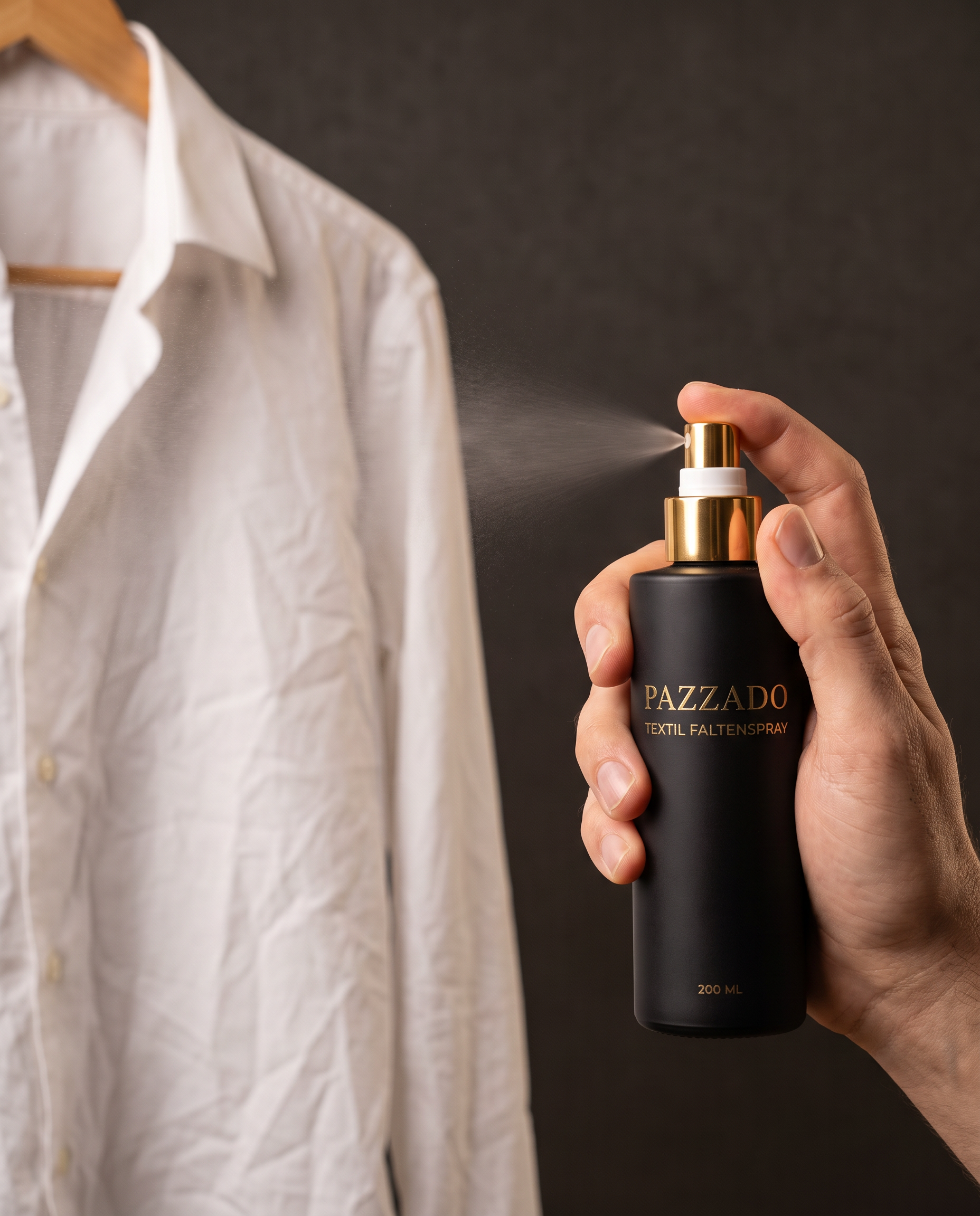 Eine Hand sprüht PAZZADO Textil-Faltenspray aus 200 ml auf ein weisses Hemd am Bügel — Hemd glätten ohne Bügeleisen.