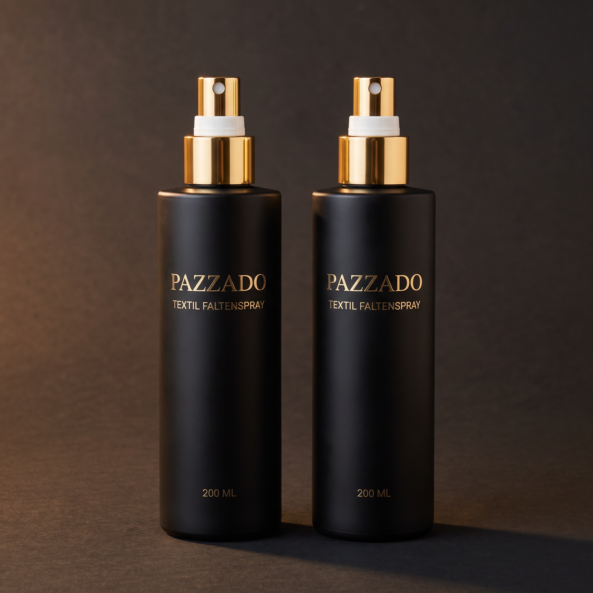 Zwei PAZZADO Flaschen Textil-Faltenspray mit je 200 ml nebeneinander vor dunklem Hintergrund. Das 2er-Set.