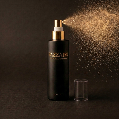 PAZZADO Flasche gibt einen feinen Sprühnebel ab — goldener Feinsprühkopf in Aktion.
