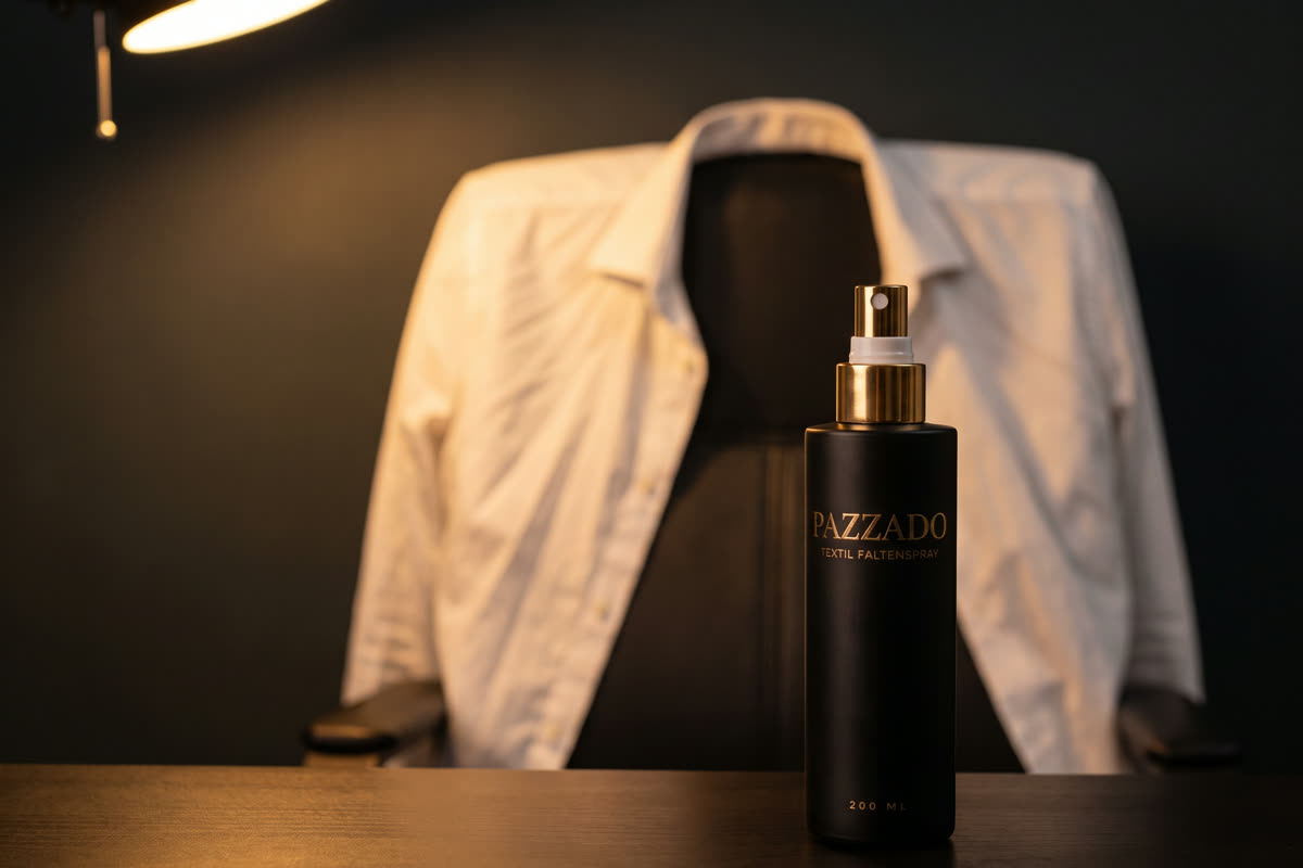 Weisses Hemd über dem Bürostuhl, davor die PAZZADO-Flasche — Sitzfalten nach dem Arbeitstag glätten, ohne Bügeleisen