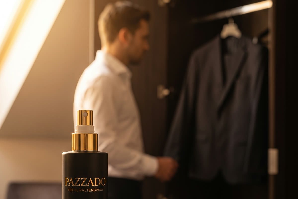 PAZZADO-Flasche im Hotelzimmer, das Sakko hängt im Schrank — nach dem Auspacken sind die Falten schnell draussen